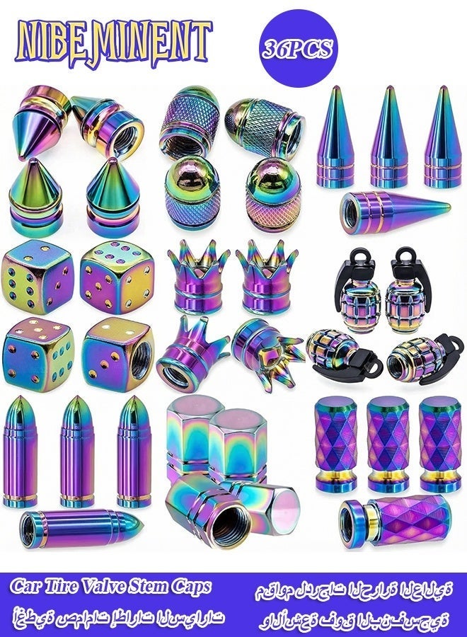 NIBEMINENT 36PCS Colorful Style Car Tire Valve Stem Caps, Aluminum Alloy Wheel Tyre Valve Stem, Universal Dustproof Tire Valve Stem Covers for Cars, SUV, Trucks, Motorcycles, Bicycles, Automobile fashion accessories - Image 1